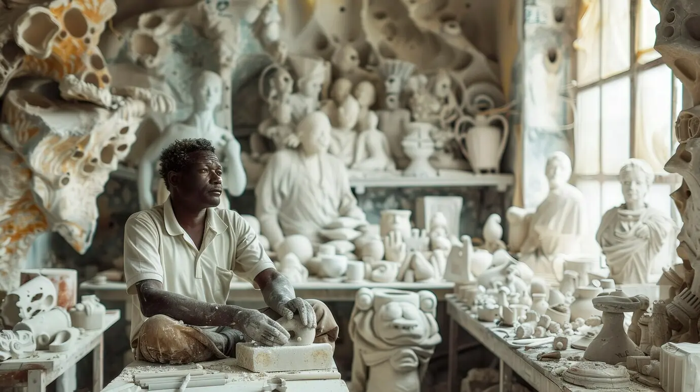 Porträt eines Mannes, der in einer Töpferwerkstatt an Steinzeug arbeitet.